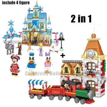 2020 Naujas Disney Animacinių filmų Personažas Peliukas Traukinys + Snow White Castle Modelio Kūrimo Bloką Nustatyti Vaikų Žaislas Mergina Dovana