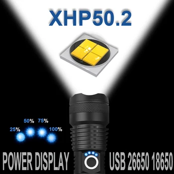 Galingiausias XHP50.2 LED Žibintuvėlis XHP50 Įkraunamas USB Zoomable Taktinis Žibintuvėlis 18650 26650 Medžioklės Žibintas Camping