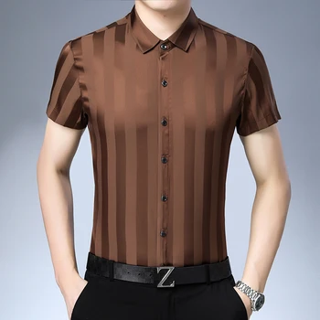Naujas 2019 vyrų vasaros dryžuotas šilko drabužius elegantiškas vyras minkštas šilko marškinėliai trumpomis rankovėmis atsitiktinis suknelė marškinėliai