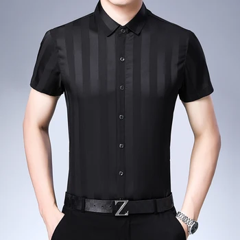 Naujas 2019 vyrų vasaros dryžuotas šilko drabužius elegantiškas vyras minkštas šilko marškinėliai trumpomis rankovėmis atsitiktinis suknelė marškinėliai