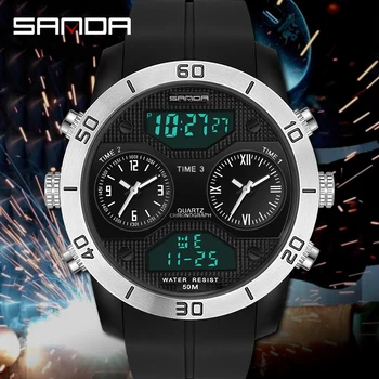 SANDA Vyrų Sportas, Žiūrėti Dvigubas Ekranas Kvarcinis LED Skaitmeninis Laikrodis, atsparus Vandeniui Silikono Dirželis Karinės Laikrodis relogio masculino
