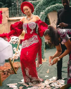 Elegantiškas Raudonas Nuo Peties Satino Vestuvių Suknelė Prabanga Duobute Kristalais Vestuvinės Suknelės Grindų Ilgis Afrikos Vestuvių Suknelės Gonna