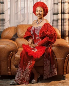 Elegantiškas Raudonas Nuo Peties Satino Vestuvių Suknelė Prabanga Duobute Kristalais Vestuvinės Suknelės Grindų Ilgis Afrikos Vestuvių Suknelės Gonna