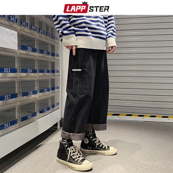 LAPPSTER Vyrų Baggy korėjos Blue Jeans Haremo Kelnės 2020 Didelis Kišenėje Džinsai Tiesūs Pants Mens Japonijos Streetwear Hip-Hop Kelnės