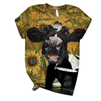 Moterų animacinių filmų saulėgrąžų karvė, print T-marškiniai, trumparankoviai gyvūnų spausdinti marškinėliai O-kaklo atsitiktinis viršų T-shirt moterims 2020 m.