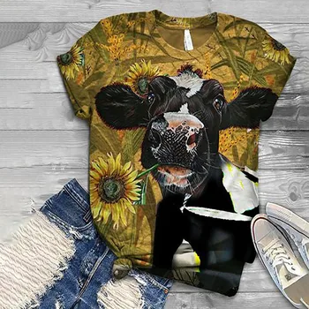 Moterų animacinių filmų saulėgrąžų karvė, print T-marškiniai, trumparankoviai gyvūnų spausdinti marškinėliai O-kaklo atsitiktinis viršų T-shirt moterims 2020 m.