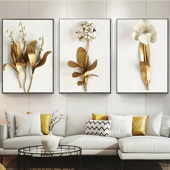 3 Vnt Drobė Gėlių Plakatai Augalų Tapybos Aukso Meno Skandinavijos Nuotraukas, Namų Dekoro Sienos Meno Kambarį Apdaila